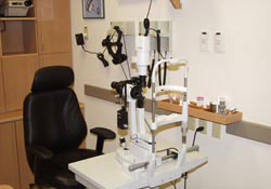 Room of Professor Blumenthal, head of the glaucoma service, showing a slit lamp and equipment used to examine patients with glaucoma or cataract